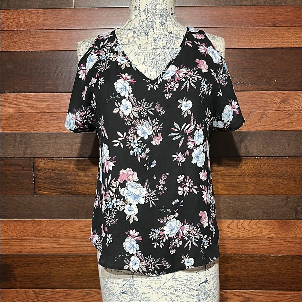 Pink Republic Black Floral Cold Shoulder Blouse